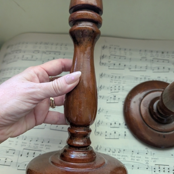 Vintage Pair Brown Wooden Candle Holders - Picture 5 of 7